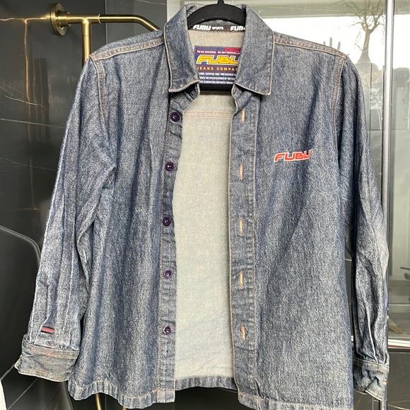 Fubu sports thick denim shirt size Xs womens small cropped sleeve y2k - Picture 2 of 9